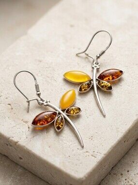 Baltic Amber Sterling Silver Dragonfly Earrings, 925 NWT